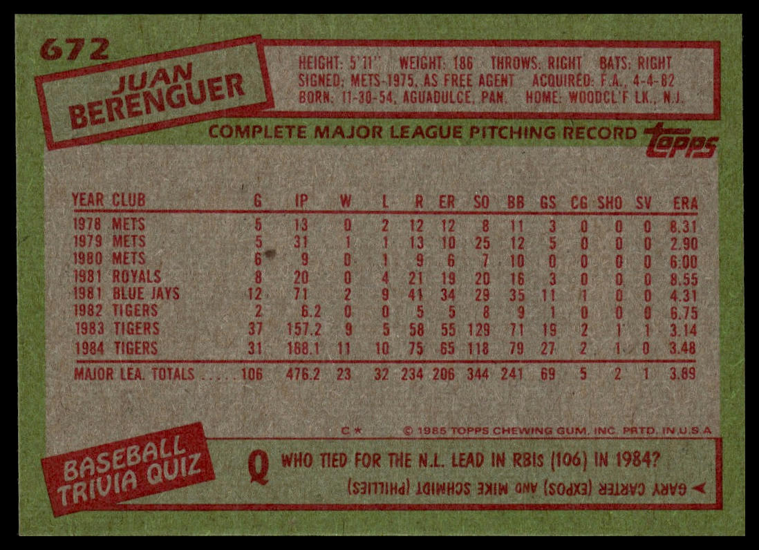 1985 Topps #672 Juan Berenguer