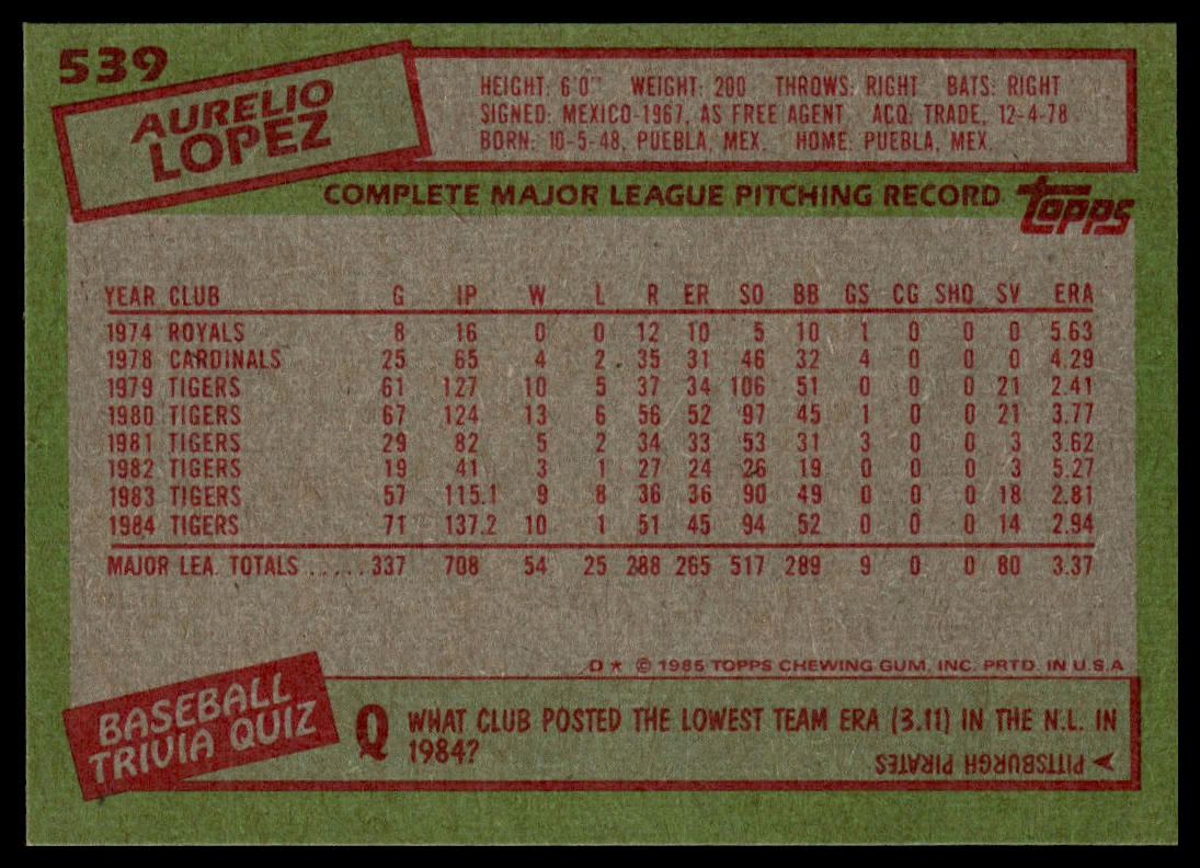 1985 Topps #539 Aurelio Lopez