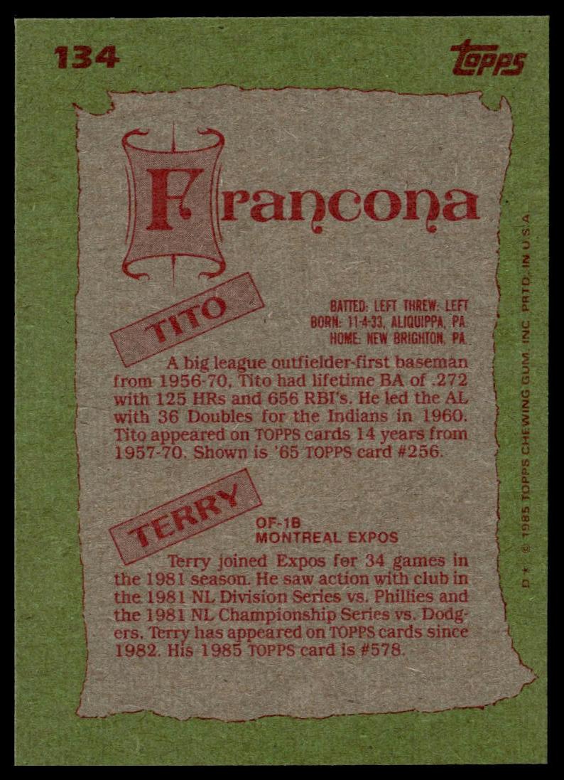 1985 Topps #134 Tito Francona / Terry Francona F&S