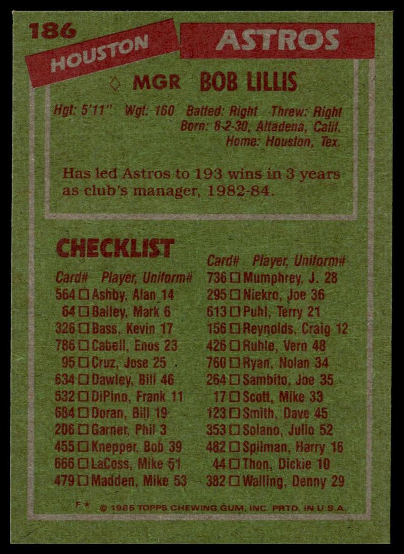 1985 Topps #186 Bob Lillis
