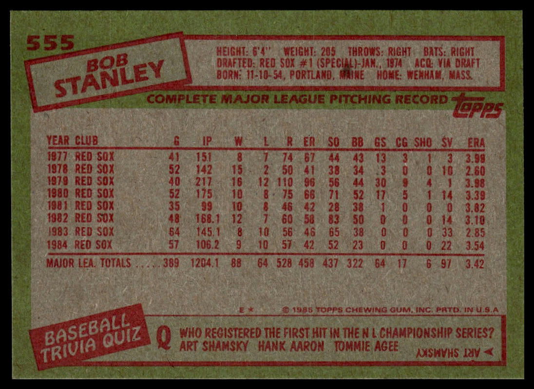 1985 Topps #555 Bob Stanley