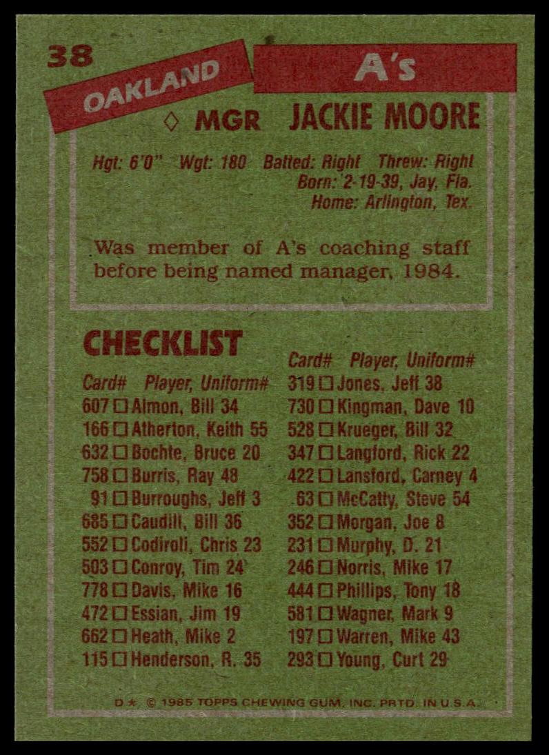 1985 Topps #38 Jackie Moore