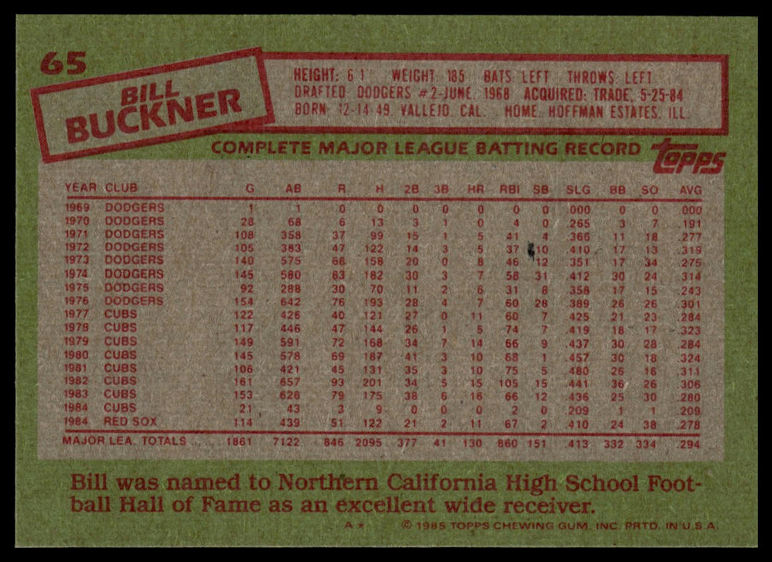 1985 Topps #65 Bill Buckner