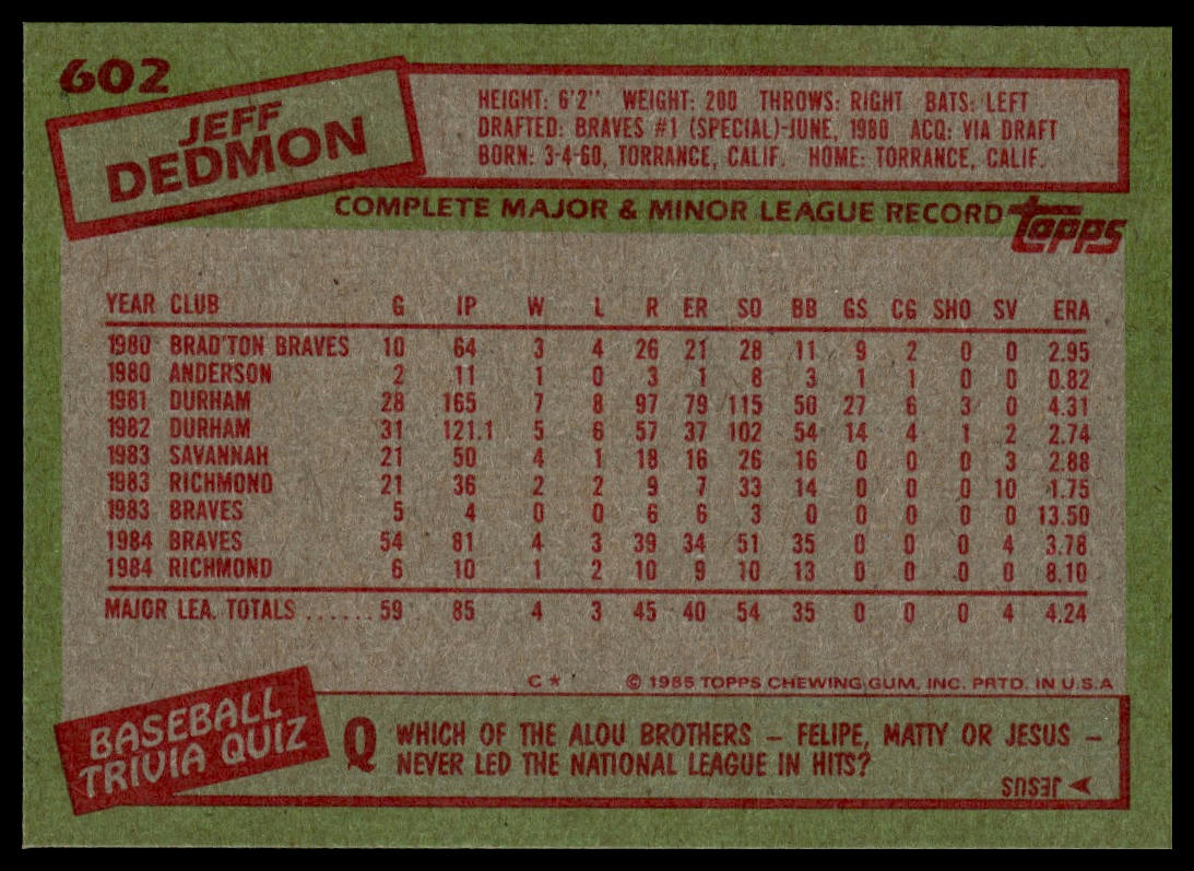 1985 Topps #602 Jeff Dedmon