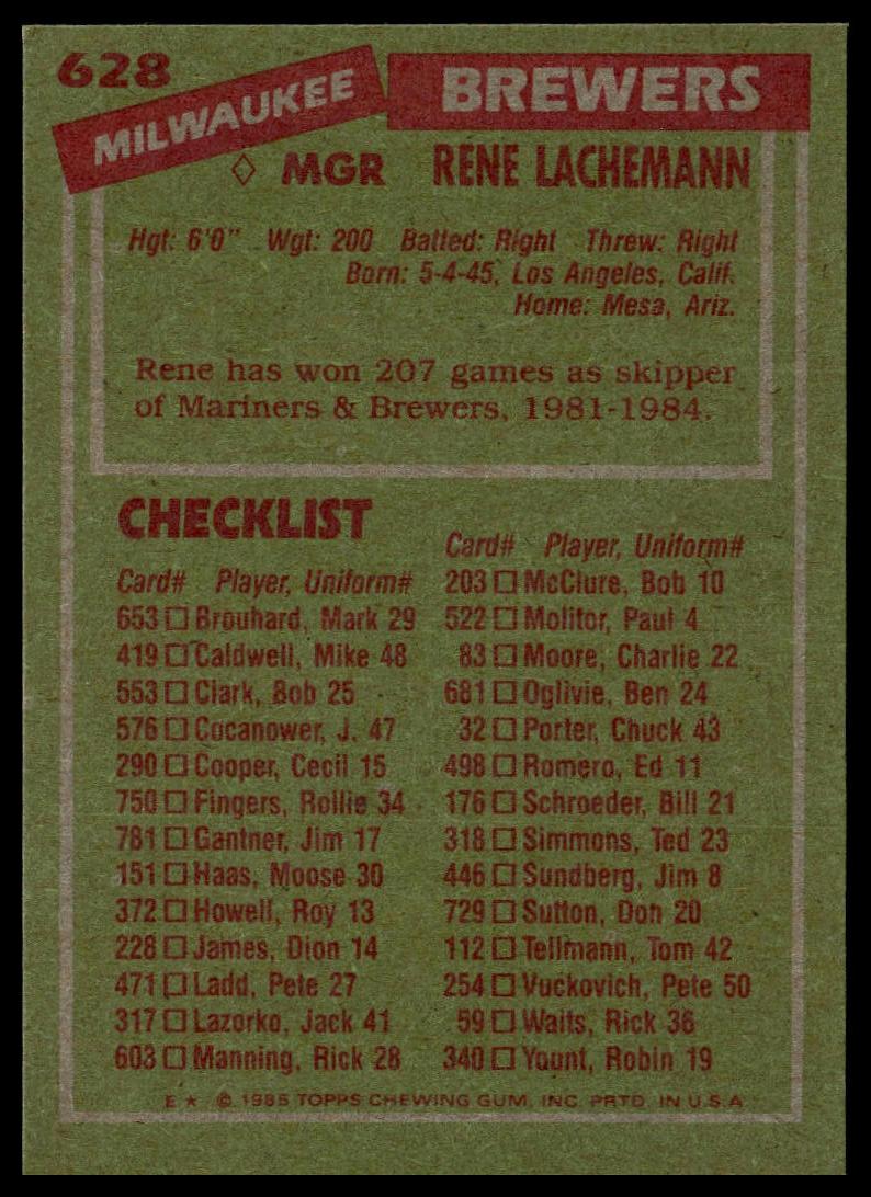 1985 Topps #628 Rene Lachemann