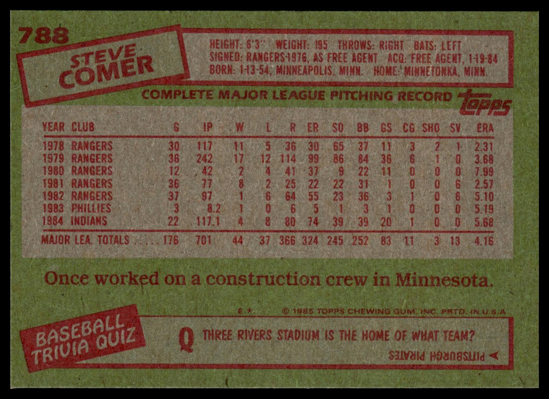1985 Topps #788 Steve Comer