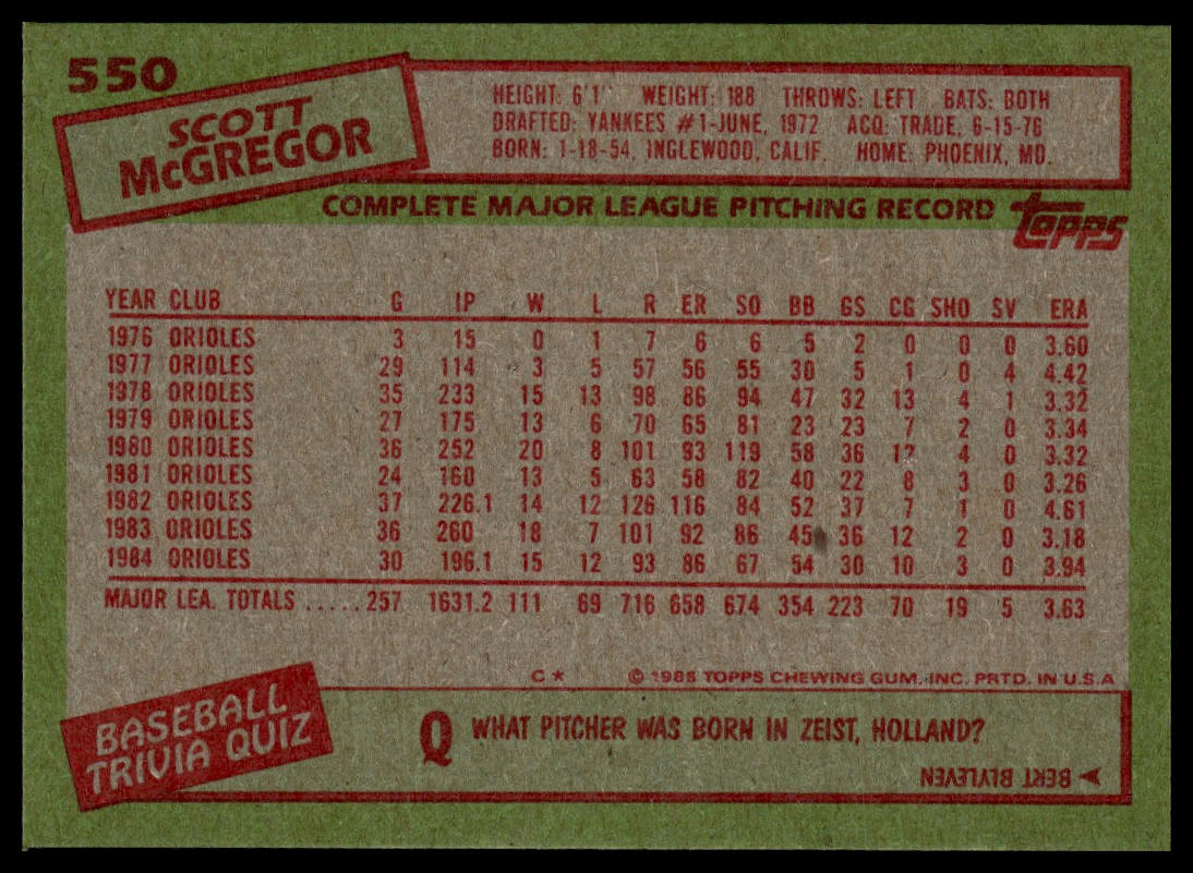1985 Topps #550 Scott McGregor