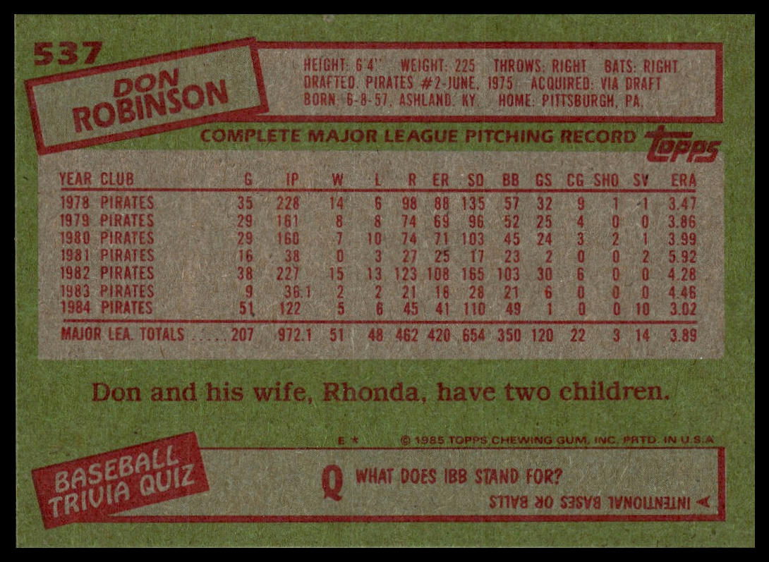 1985 Topps #537 Don Robinson