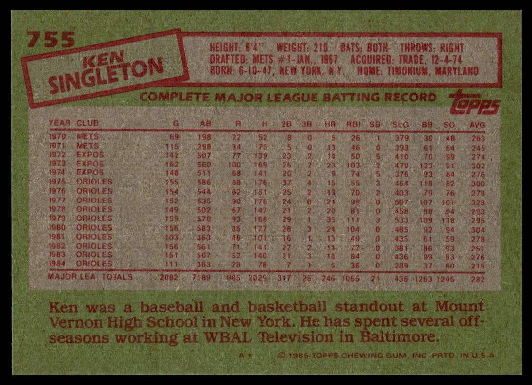 1985 Topps #755 Ken Singleton