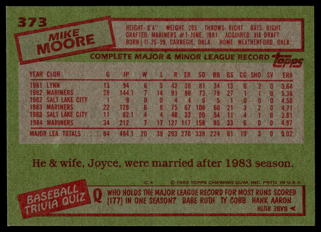 1985 Topps #373 Mike Moore