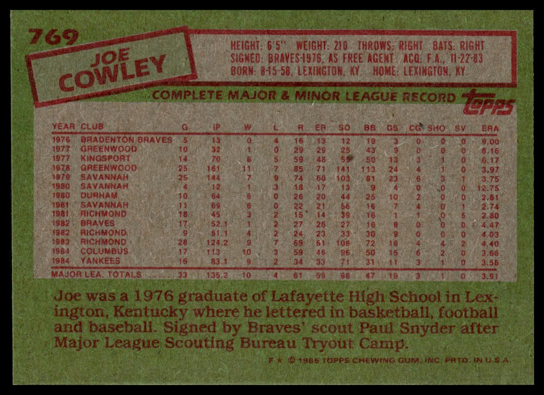 1985 Topps #769 Joe Cowley