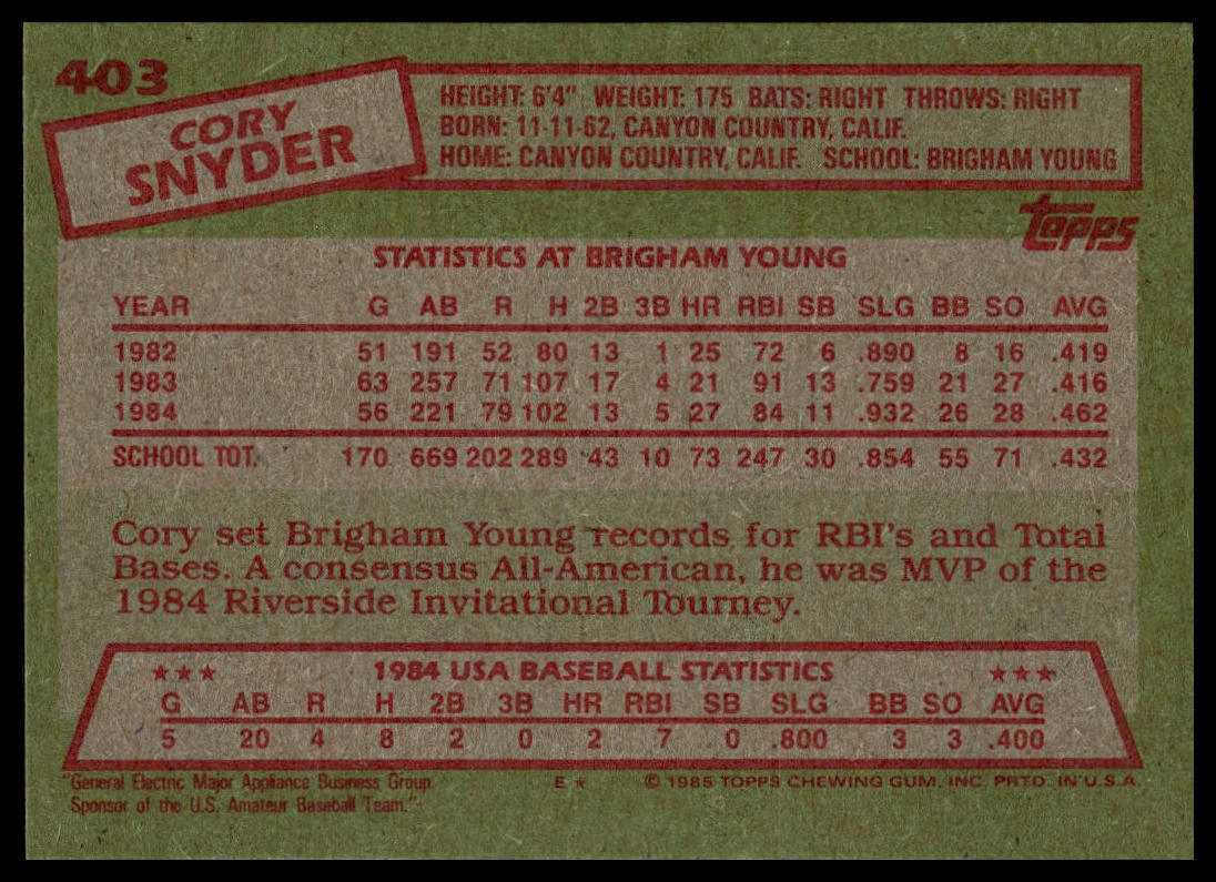 1985 Topps #403 Cory Snyder