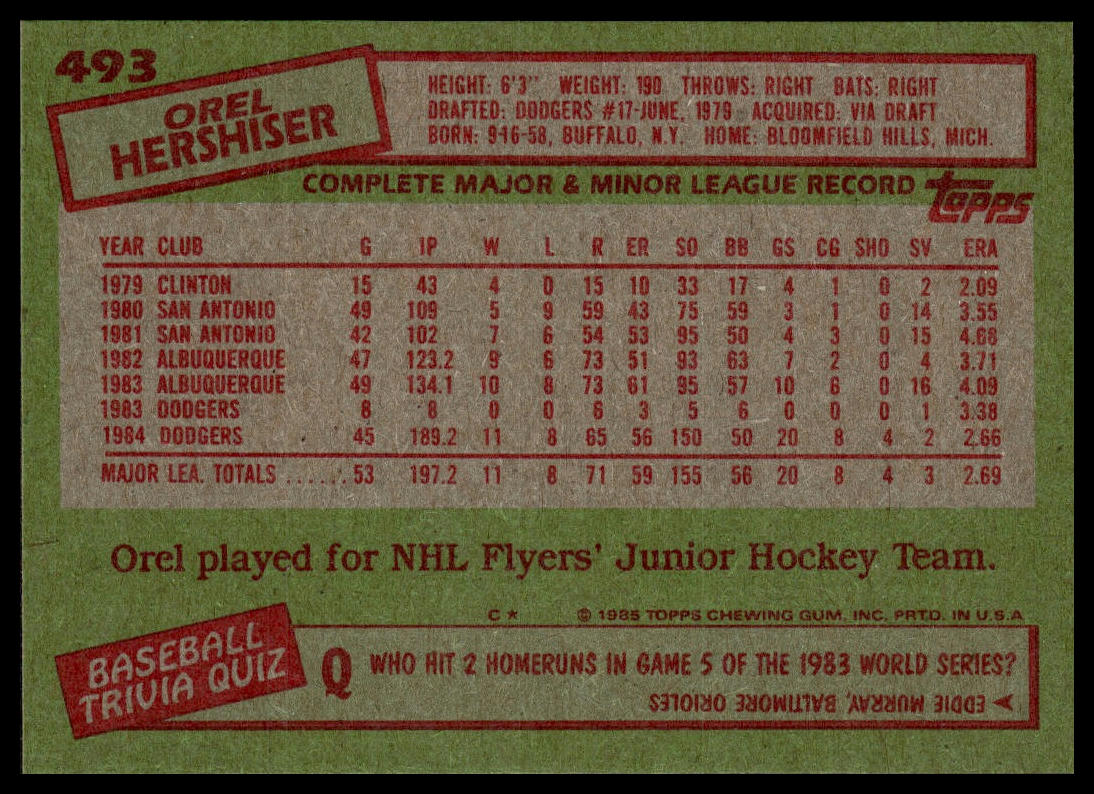 1985 Topps #493 Orel Hershiser