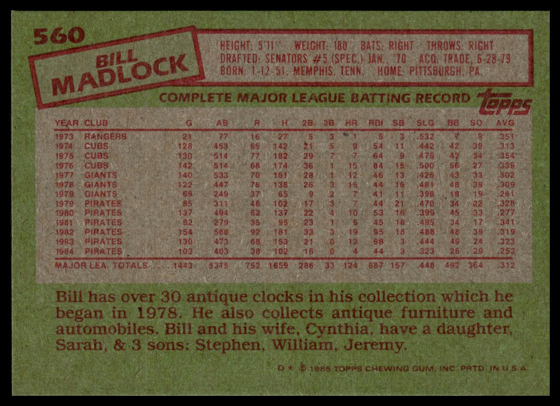 1985 Topps #560 Bill Madlock