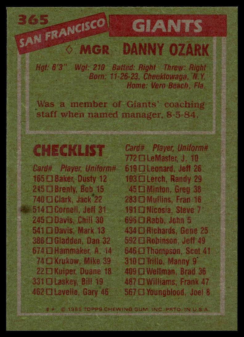1985 Topps #365 Danny Ozark