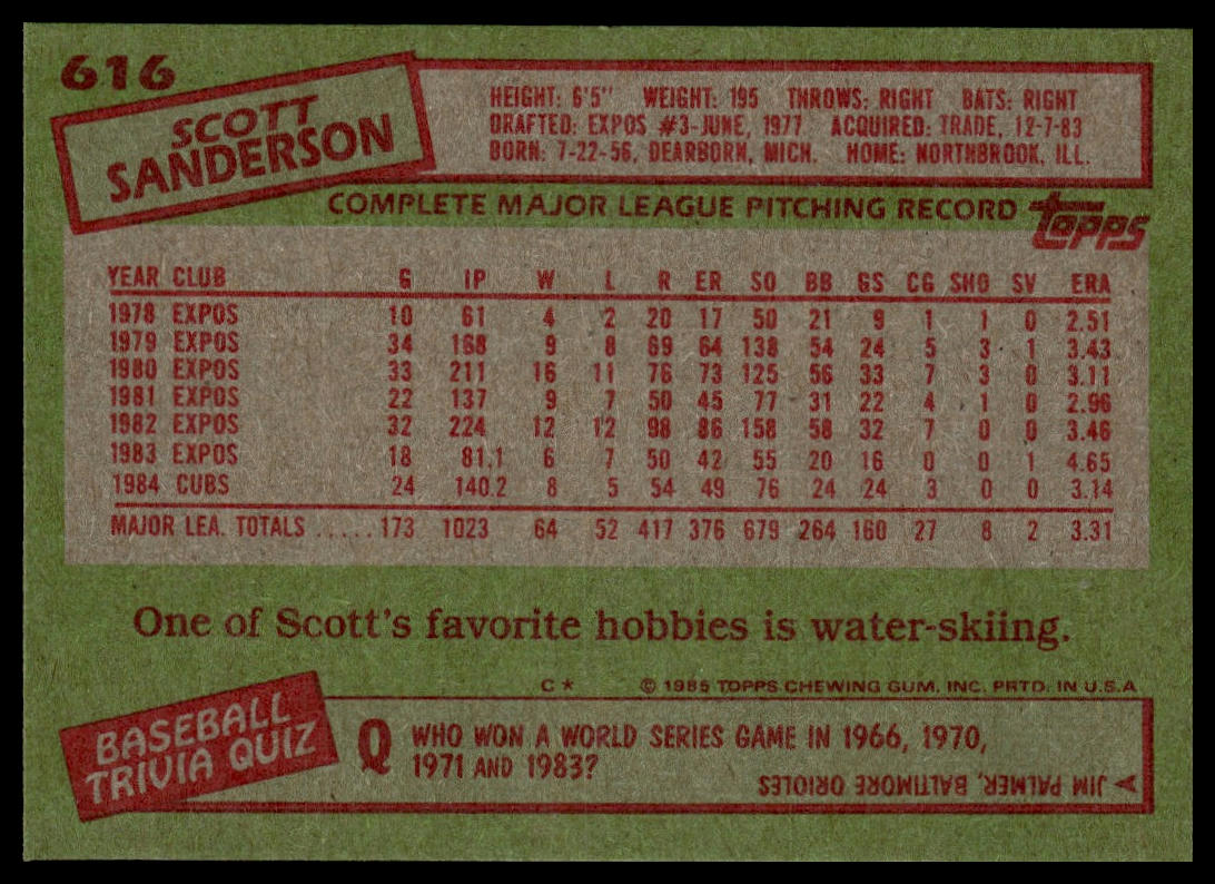 1985 Topps #616 Scott Sanderson