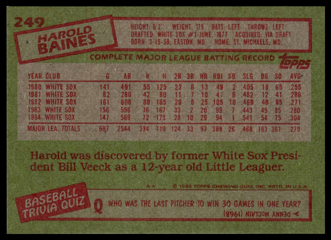 1985 Topps #249 Harold Baines