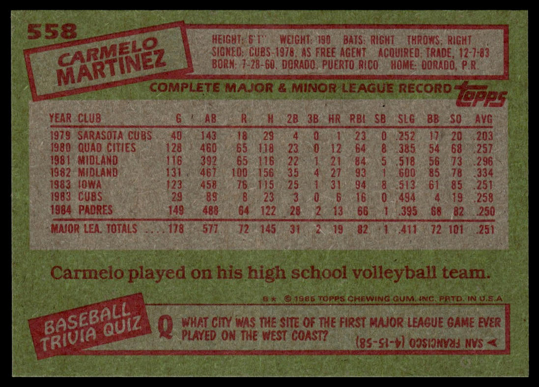1985 Topps #558 Carmelo Martinez