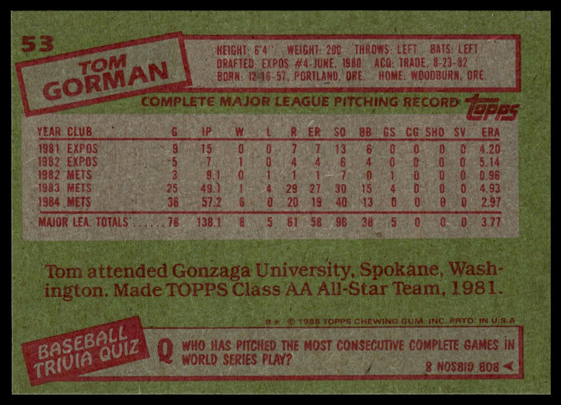 1985 Topps #53 Tom Gorman
