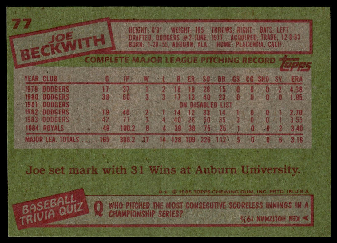 1985 Topps #77 Joe Beckwith
