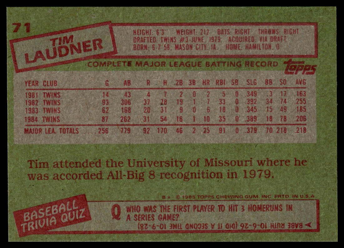 1985 Topps #71 Tim Laudner
