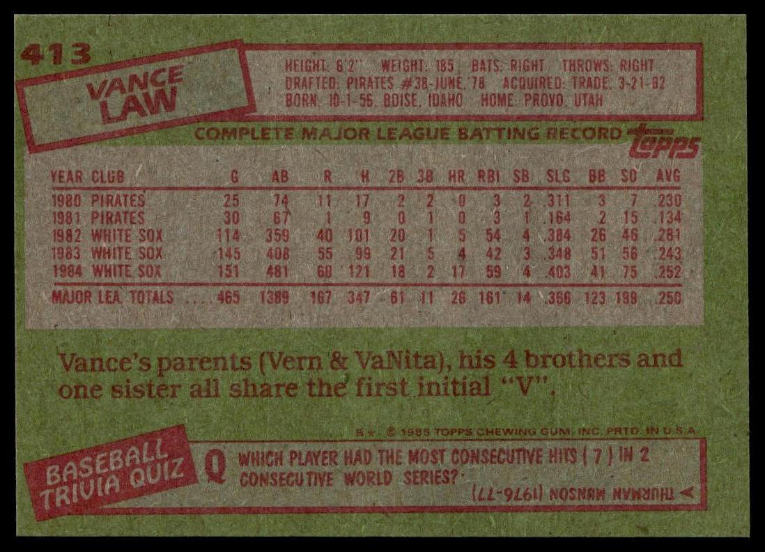 1985 Topps #413 Vance Law