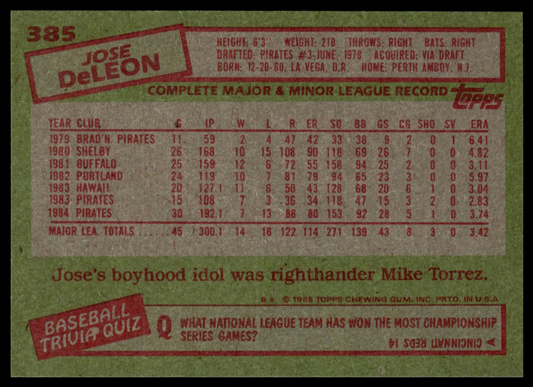 1985 Topps #385 Jose DeLeon