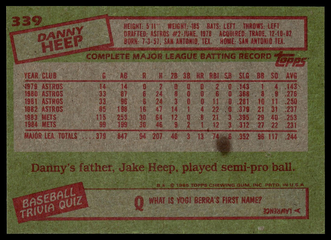 1985 Topps #339 Danny Heep