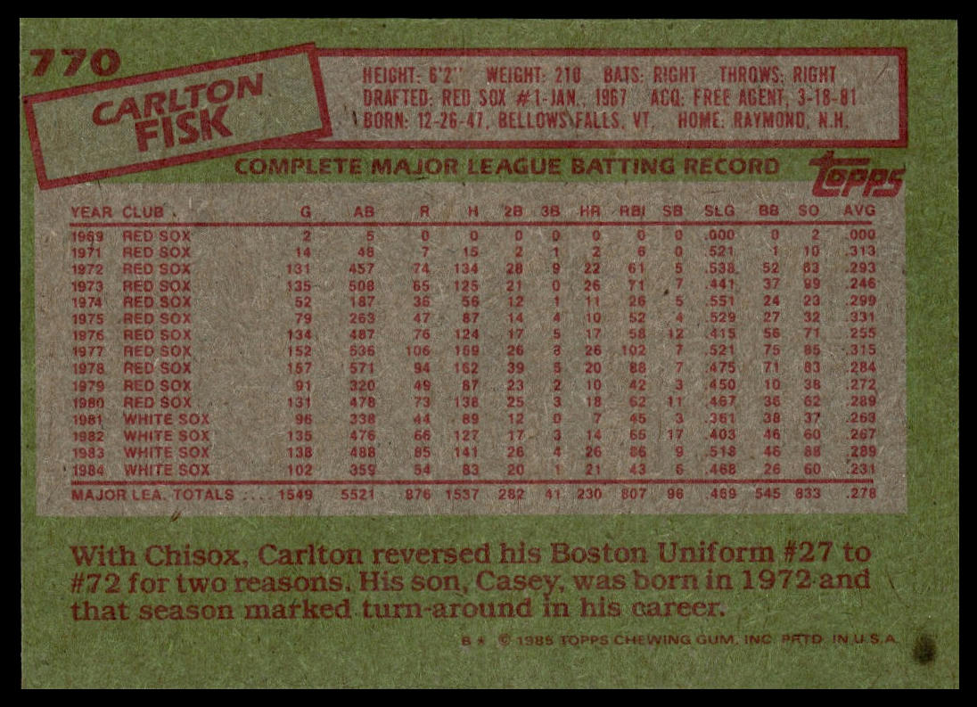 1985 Topps #770 Carlton Fisk