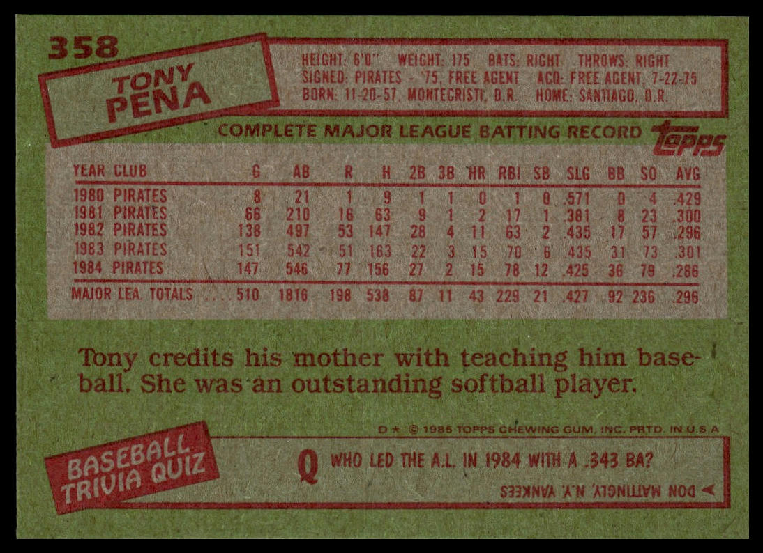 1985 Topps #358 Tony Pena