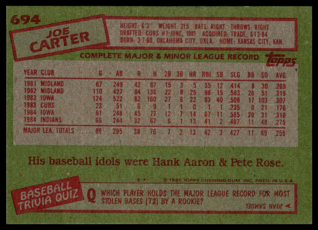 1985 Topps #694 Joe Carter