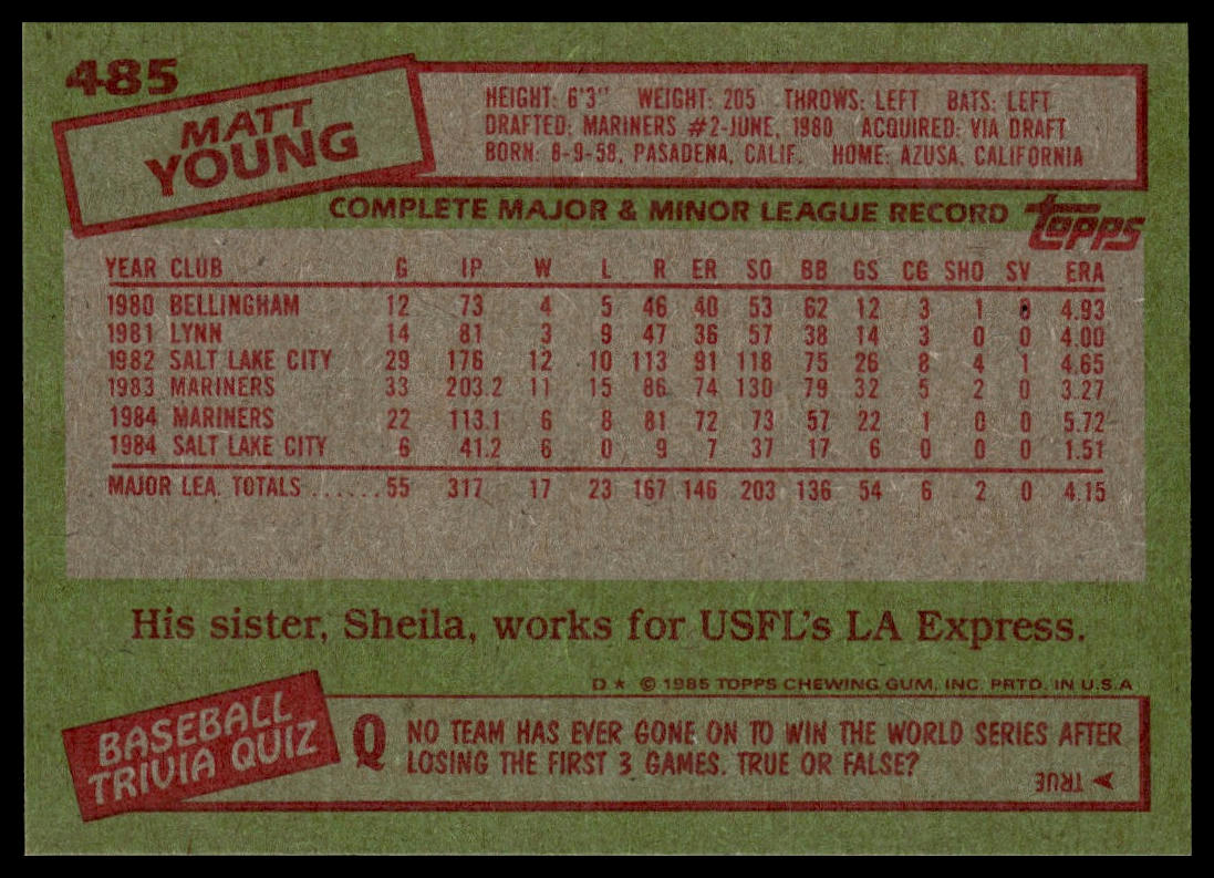 1985 Topps #485 Matt Young