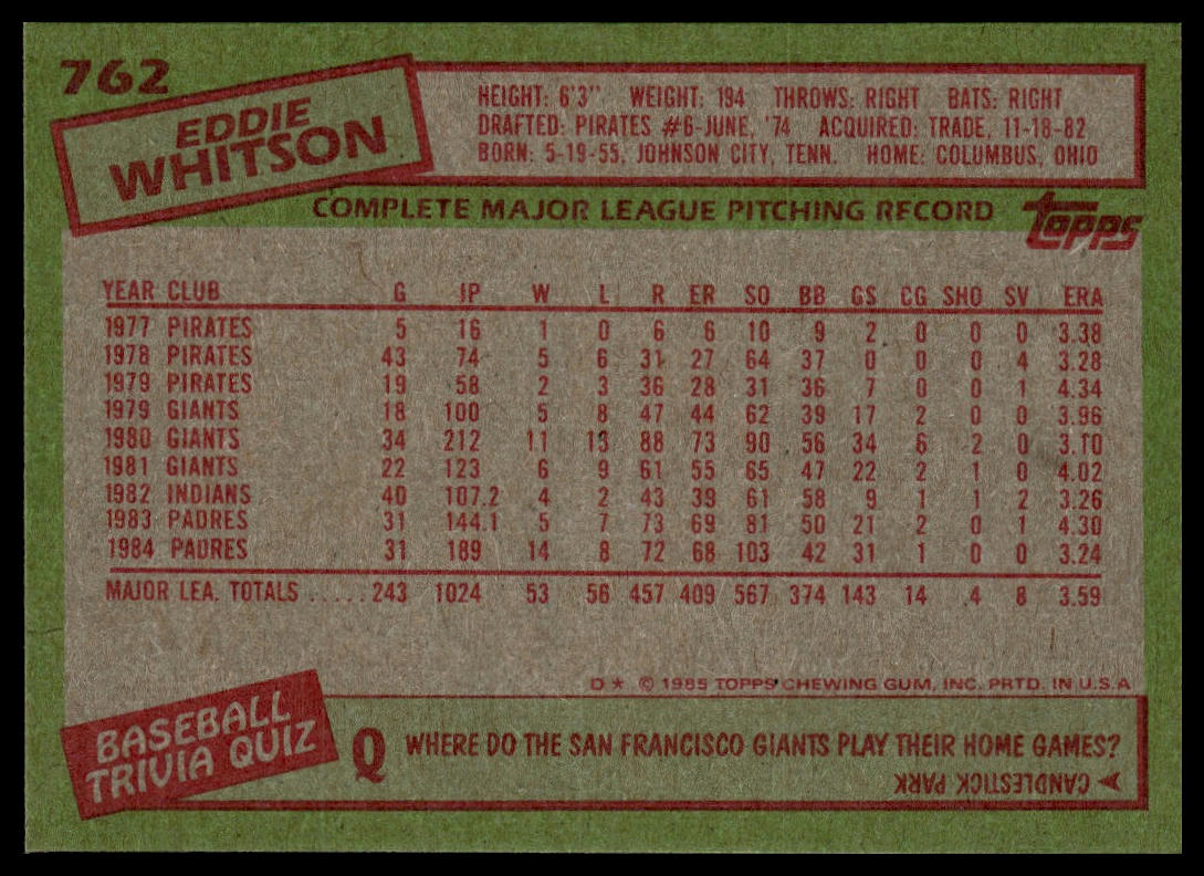 1985 Topps #762 Eddie Whitson