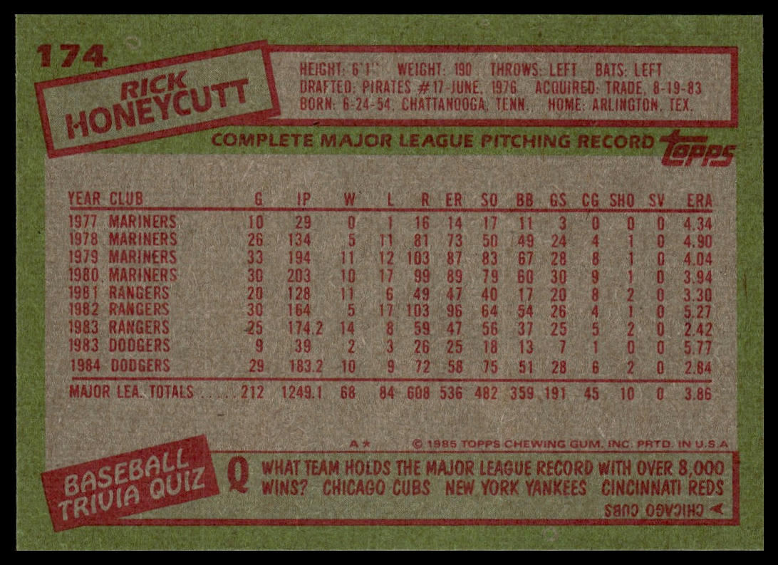 1985 Topps #174 Rick Honeycutt