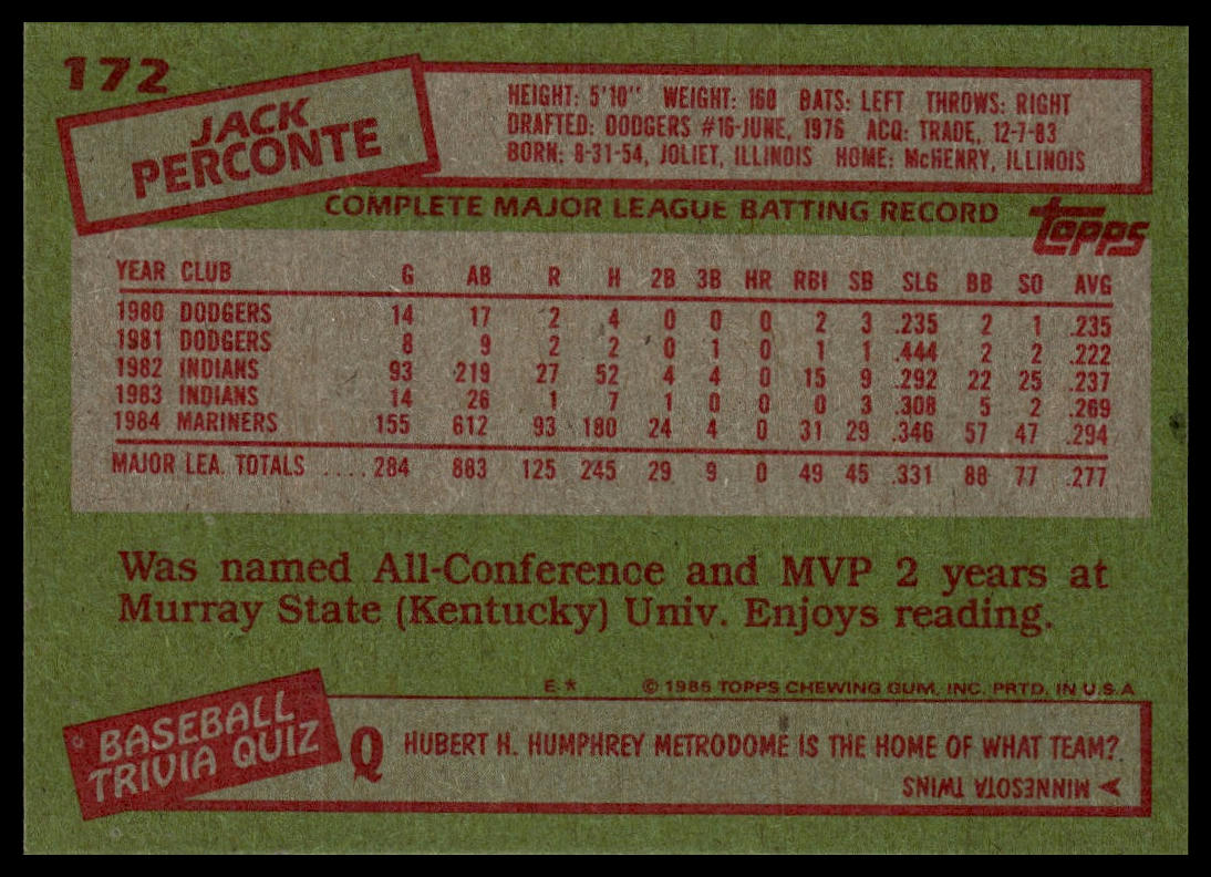 1985 Topps #172 Jack Perconte