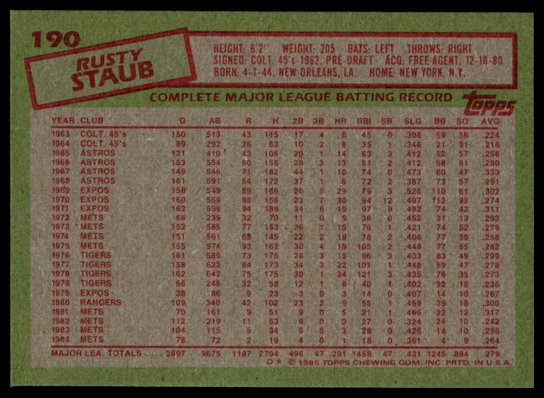 1985 Topps #190 Rusty Staub