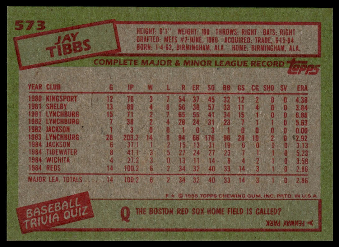 1985 Topps #573 Jay Tibbs