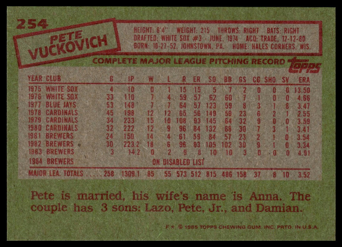 1985 Topps #254 Pete Vuckovich