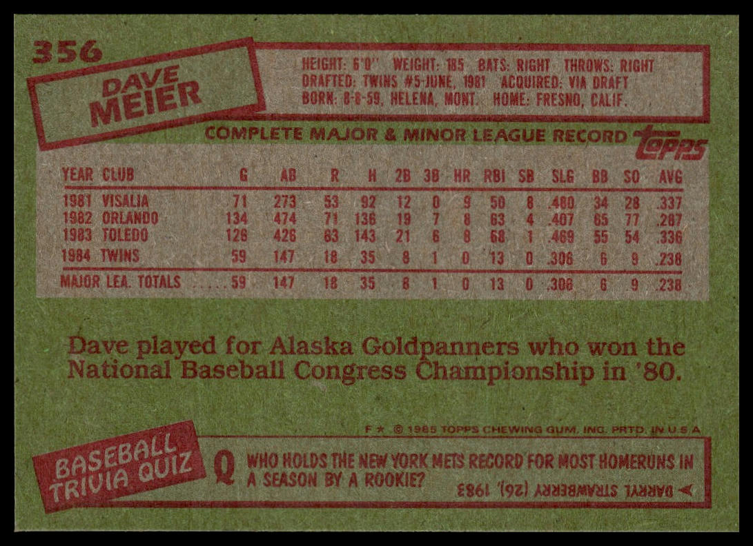 1985 Topps #356 Dave Meier