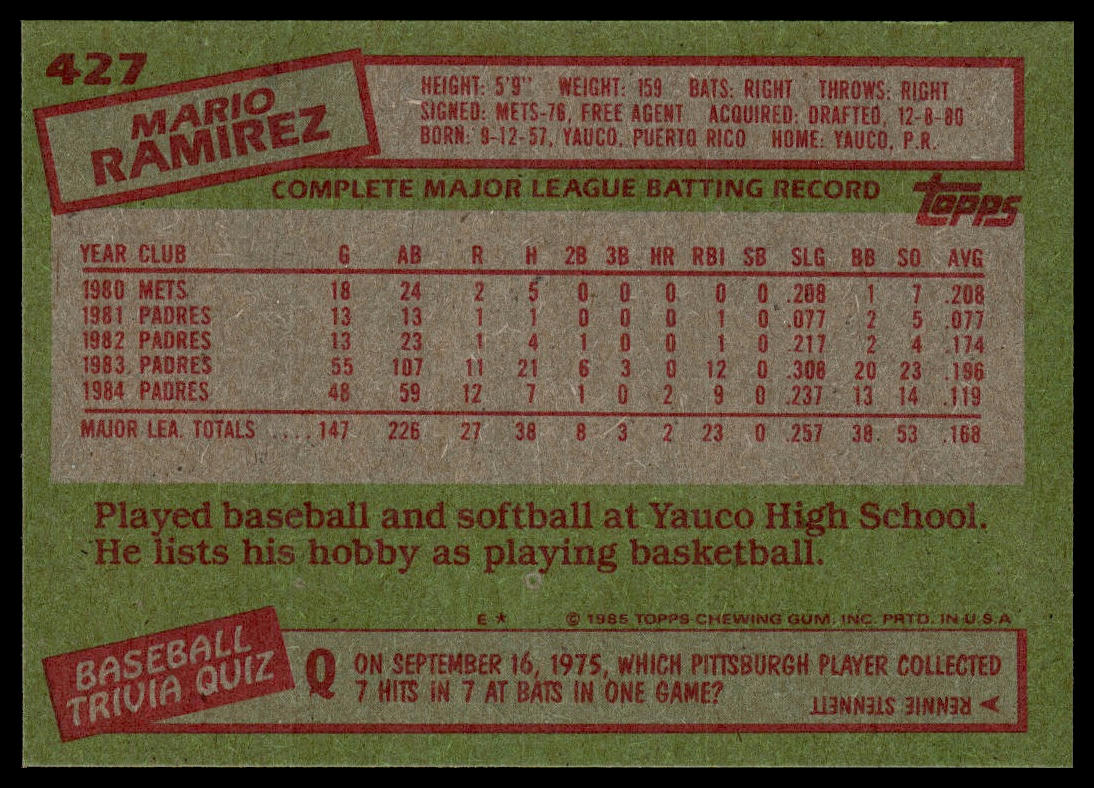 1985 Topps #427 Mario Ramirez