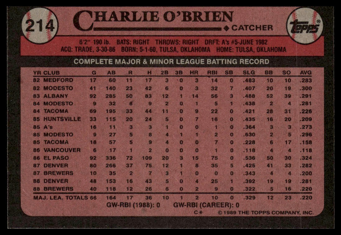 1989 Topps #214 Charlie O'Brien