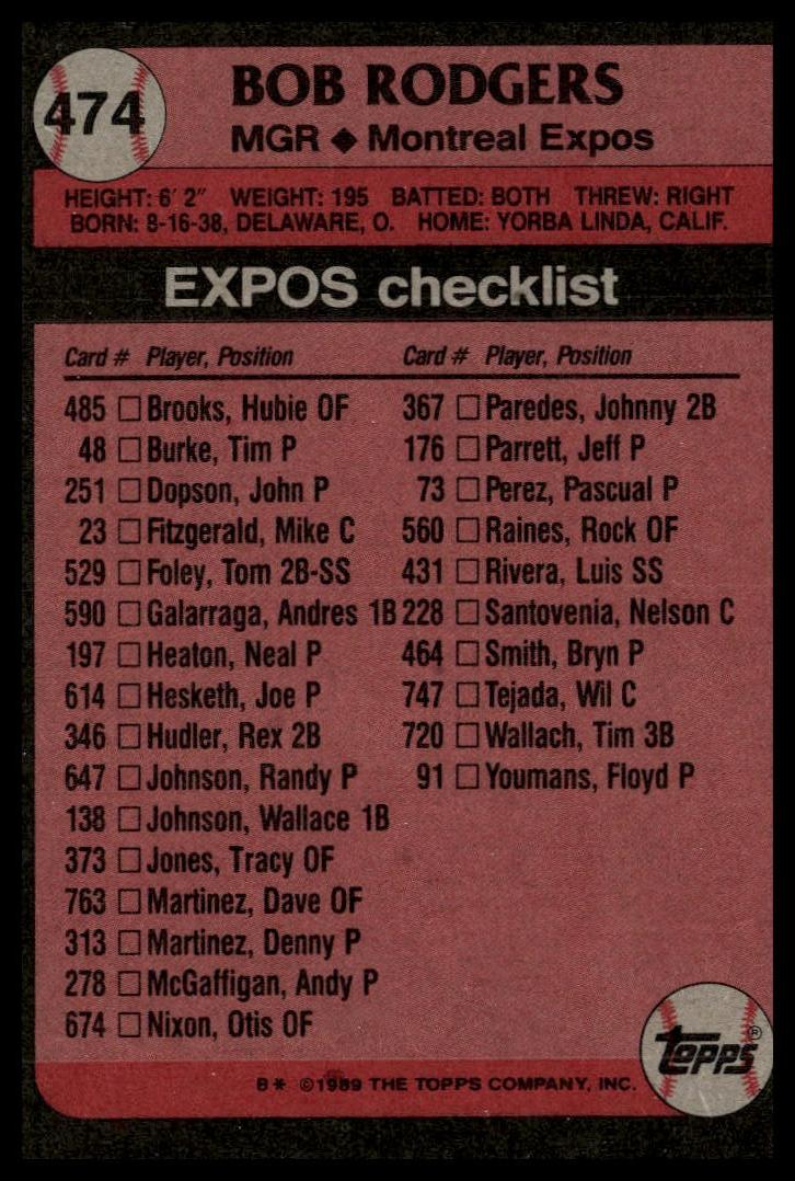 1989 Topps #474 Bob Rodgers
