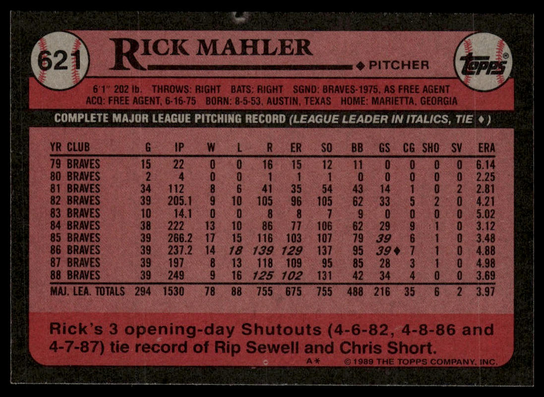 1989 Topps #621 Rick Mahler