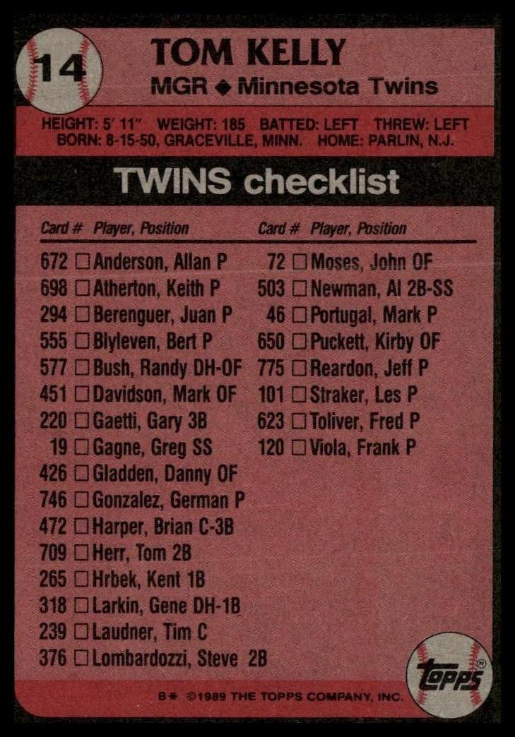 1989 Topps #14 Tom Kelly