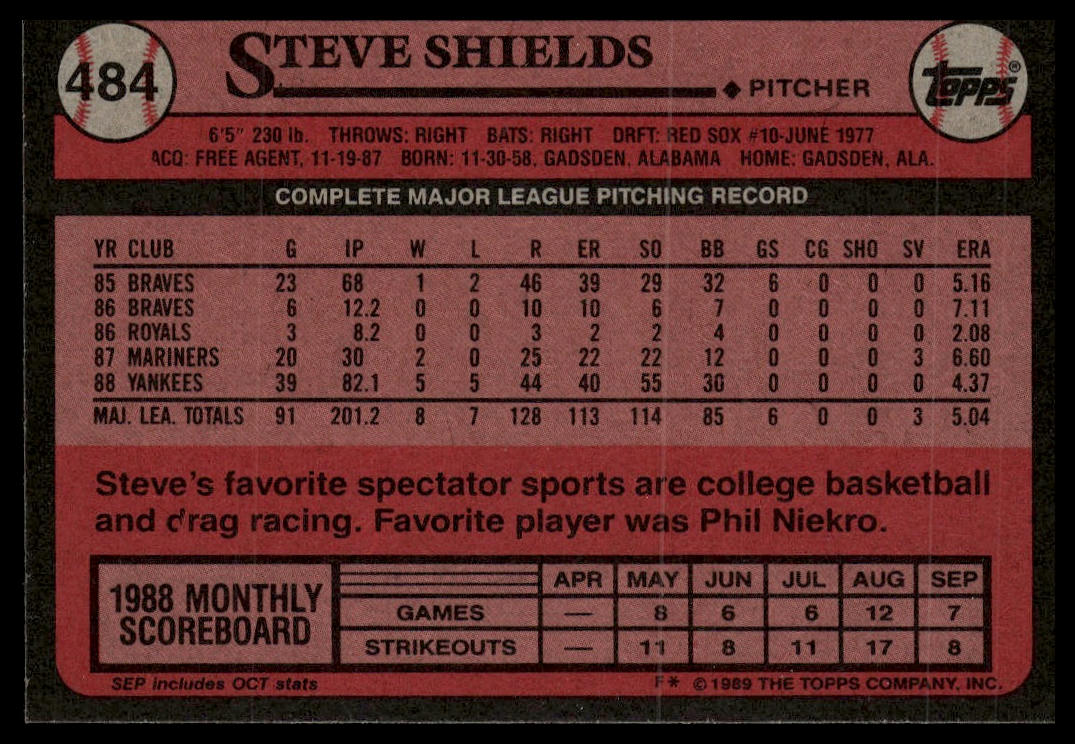 1989 Topps #484 Steve Shields