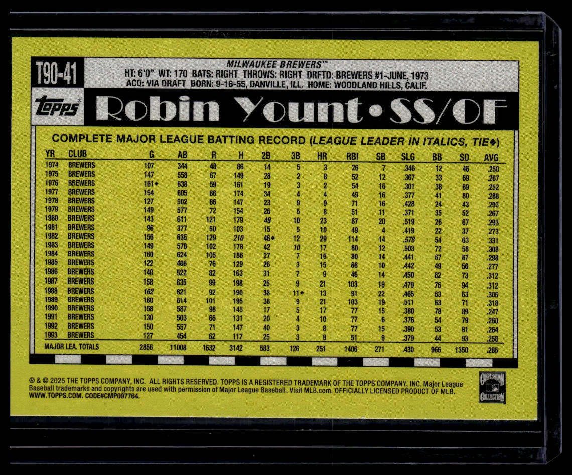2025 Topps #T90-41 Robin Yount 1990 Topps Baseball 35th Anniversary (Series One)