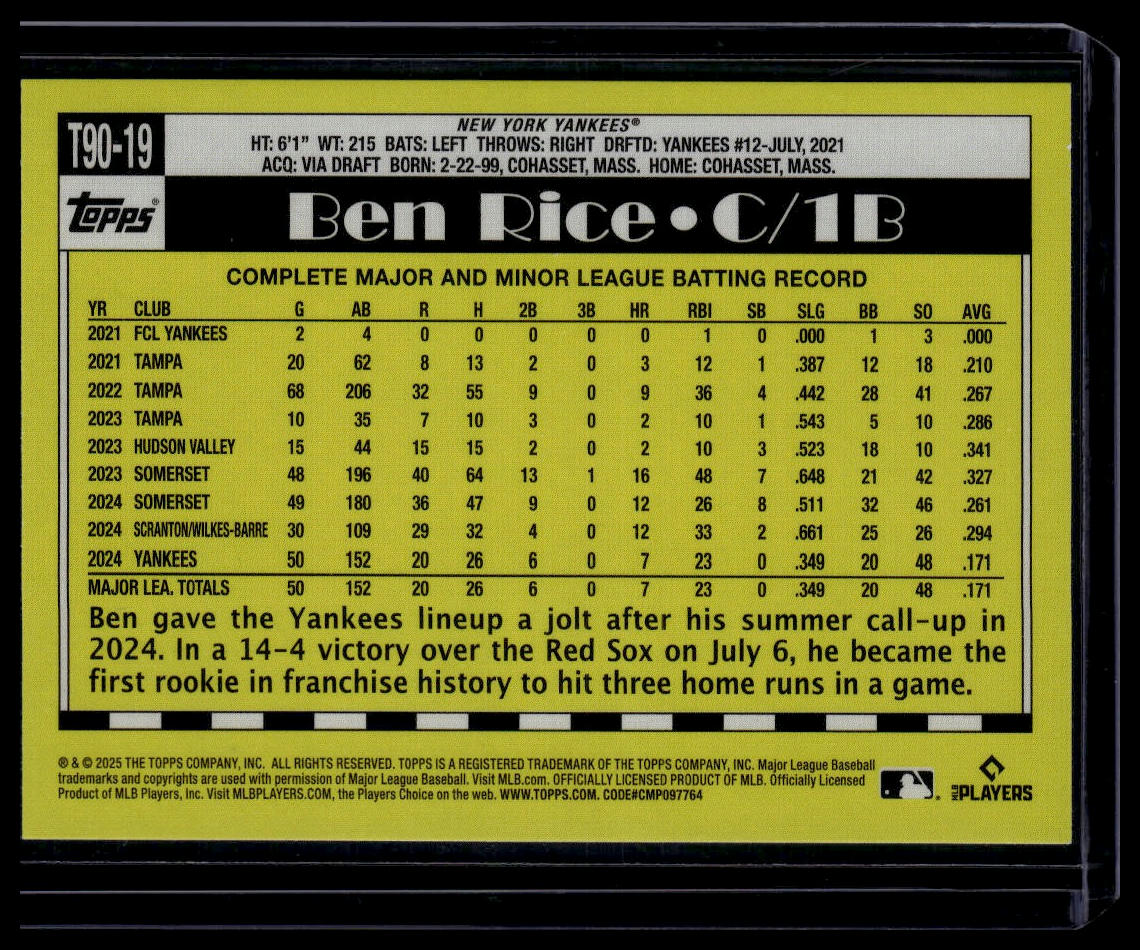 2025 Topps #T90-19 Ben Rice 1990 Topps Baseball 35th Anniversary (Series One)