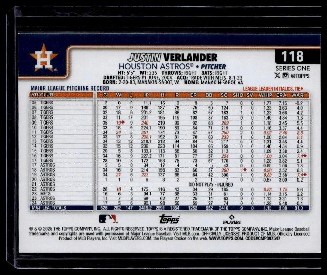 2025 Topps #118 Justin Verlander Sandglitter
