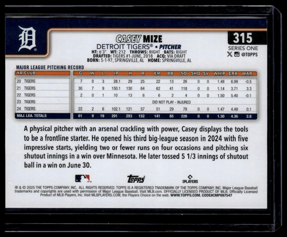 2025 Topps #315 Casey Mize Silver Crackle Foilboard