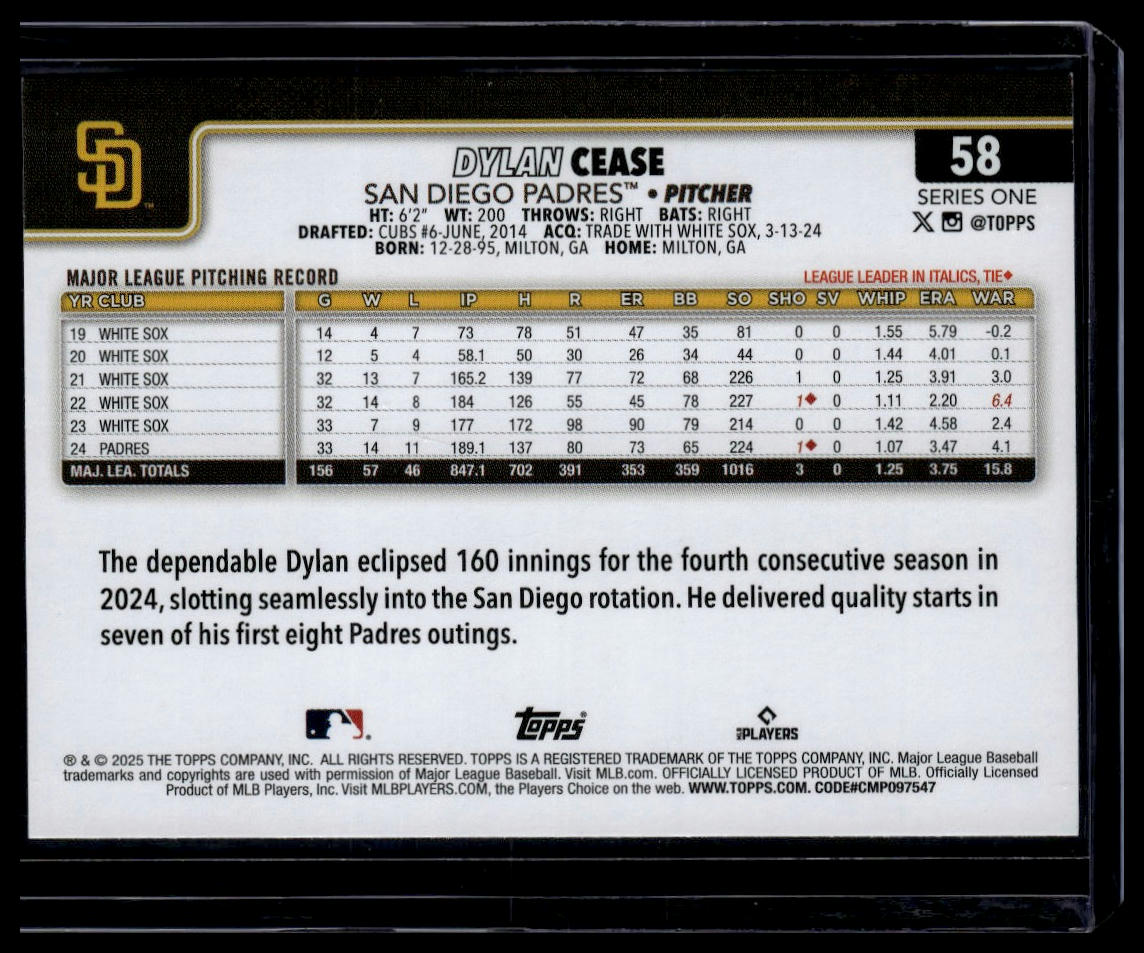 2025 Topps #58 Dylan Cease Topps Foil Pattern